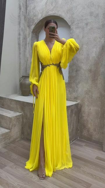 Yellow A Line Chiffon Prom Dresses Evening Gowns Formal Party Gowns