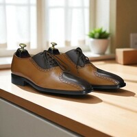 Handmade Men's Brown Black Designer Lace Up Leather Dress Shoes - Thumbnail 1