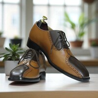Handmade Men's Brown Black Designer Lace Up Leather Dress Shoes - Thumbnail 4