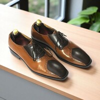 Handmade Men's Brown Black Designer Lace Up Leather Dress Shoes - Thumbnail 5