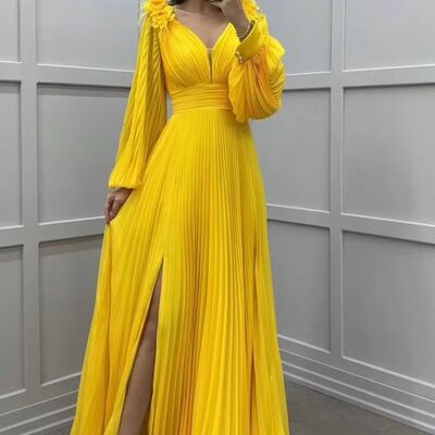 Yellow a line chiffon long sleeve prom dresses evening gowns formal party gowns - Thumbnail 2