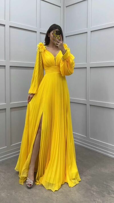 Yellow A Line Chiffon Long Sleeve Prom Dresses Evening Gowns Formal Party Gowns