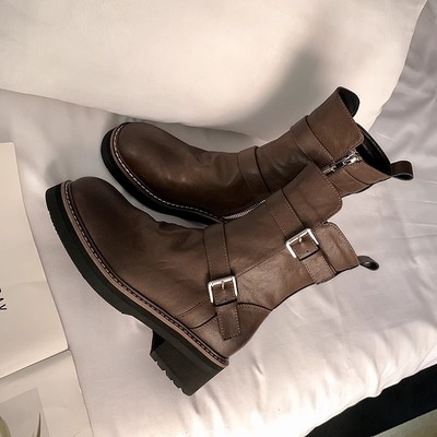 Washed calfskin leather platform ankle boots 2 colors
