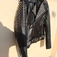 Crafted Leather Women Punk Style Studded Leather Jacket Large Spike Sliver Studs - Thumbnail 1