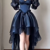 Vintage Style Off Shoulder Navy Blue High Low Party Dresses - Thumbnail 1