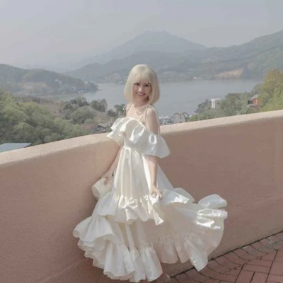 Beautiful straps white tea length prom dress with ruffles