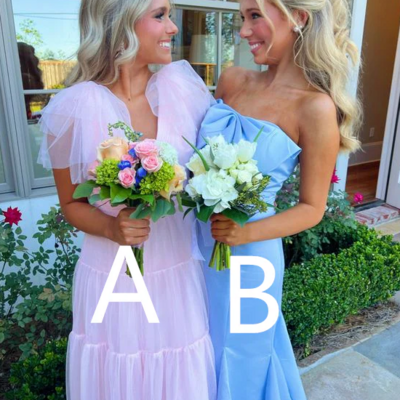 Simple pink a-line tulle prom dress/blue prom dress - Thumbnail 1