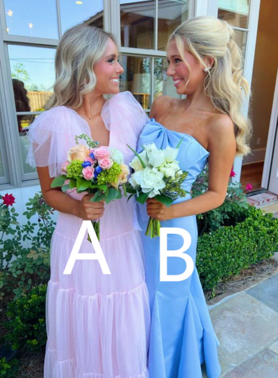 Simple Pink A-line Tulle Prom Dress/Blue Prom Dress