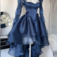 Vintage Style Off Shoulder Navy Blue High Low Party Dresses - Thumbnail 2