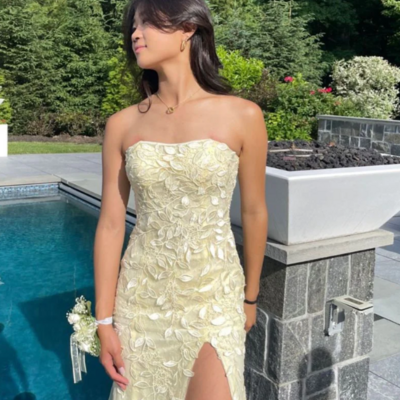 Mermaid yellow lace appliques long prom dress for party