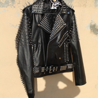 Crafted Leather Women Punk Style Studded Leather Jacket Large Spike Sliver Studs - Thumbnail 2