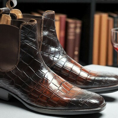 Crafted leather handmade men brown crocodile leather chelsea boot