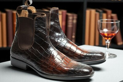 Crafted Leather Handmade Men Brown Crocodile Leather Chelsea Boot