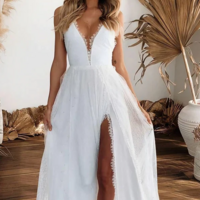 Simple A Line V Neck Beach Wedding Dresses with Side Split - Thumbnail 1