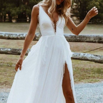 Simple a line v neck beach wedding dresses with side split