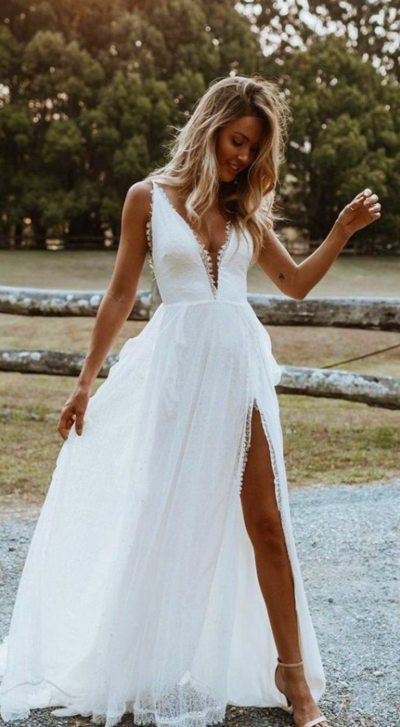 Simple A Line V Neck Beach Wedding Dresses with Side Split