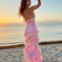 Charming Spaghetti Straps V Neck Chiffon Print Prom Dresses - Thumbnail 1
