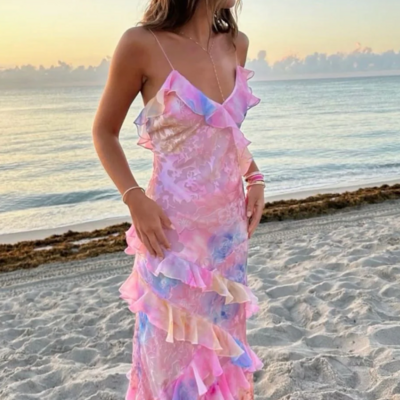 Charming spaghetti straps v neck chiffon print prom dresses