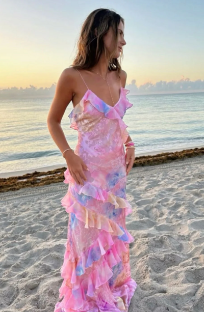 Charming Spaghetti Straps V Neck Chiffon Print Prom Dresses