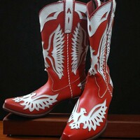 Crafted Leather Classic Men Red White Fancy Cowboy Boot - Thumbnail 1