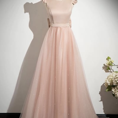 Pink satin tulle long a-line prom party dress