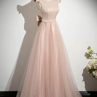 Pink Satin Tulle Long A-Line Prom Party Dress - Thumbnail 2