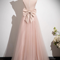 Pink Satin Tulle Long A-Line Prom Party Dress - Thumbnail 3