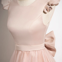 Pink Satin Tulle Long A-Line Prom Party Dress - Thumbnail 4