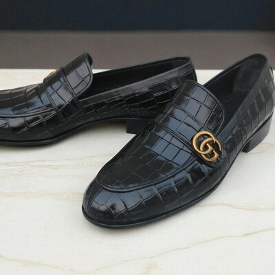 Crafted leather black crocodile leather moccasin formal men dress shoes