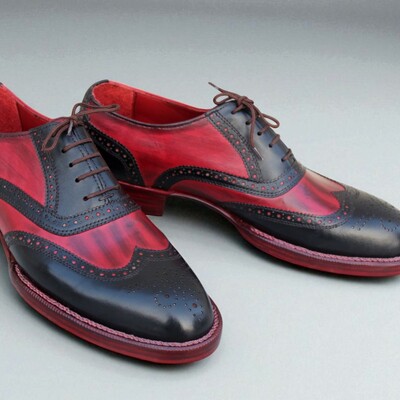 Crafted leather handmade men classic genuine black red leather wingtip oxford dress shoes - Thumbnail 3