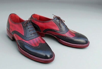 Crafted Leather Handmade Men Classic Genuine Black Red Leather Wingtip Oxford Dress Shoes