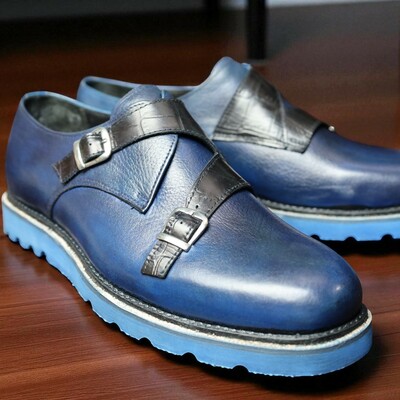 Crafted leather handmade classic blue black crocodile/alligator strap leather dress shoes - Thumbnail 2