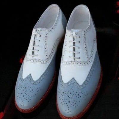 Crafted leather handmade men classic white gray leather oxford lace up dress shoes - Thumbnail 1