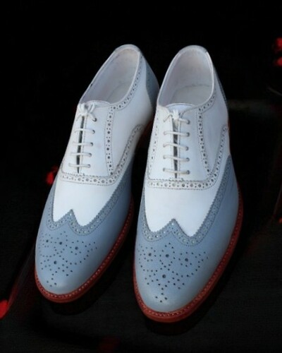 Crafted Leather Handmade Men Classic White Gray Leather Oxford Lace up Dress Shoes