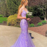 Mermaid Lavender Lace Applique Prom Dress With Cross Back - Thumbnail 1