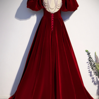 Beautiful A Line Burgundy Velvet Long Prom Dresses - Thumbnail 1