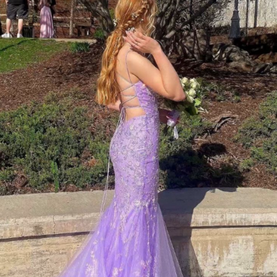 Mermaid lavender lace applique prom dress with cross back - Thumbnail 1