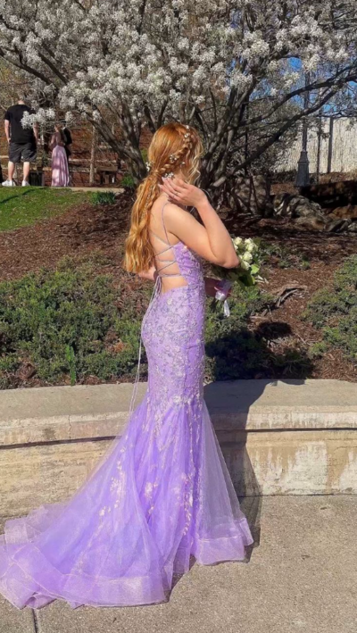 Mermaid Lavender Lace Applique Prom Dress With Cross Back