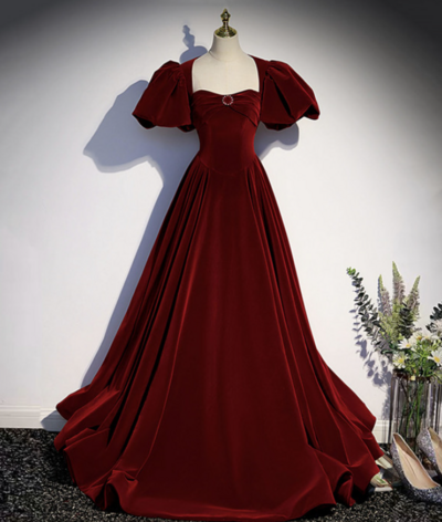 Beautiful A Line Burgundy Velvet Long Prom Dresses