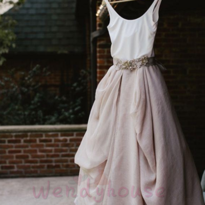 Scoop low back prom dresses bridal gown with beaded waist band 