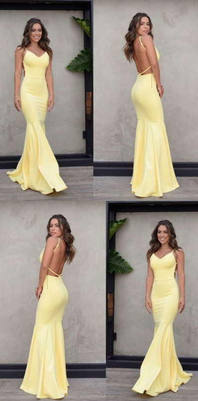 Charming Spaghetti Straps Yellow Satin Backless Prom Dresses