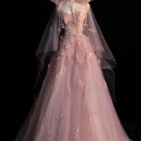 Mermaid A line Spaghetti Straps Pink Tulle Prom Dresses - Thumbnail 1