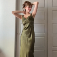 Elegant Sheath V Neck Olive Green Beading Prom Dresses - Thumbnail 1