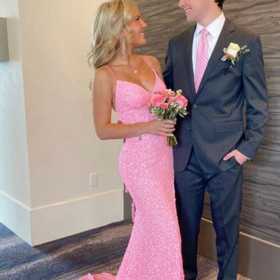 Elegant mermaid pink sequin long split prom dresses