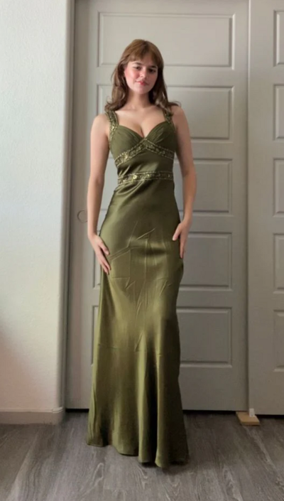 Elegant Sheath V Neck Olive Green Beading Prom Dresses