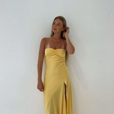 Sexy spaghetti straps sleeveless yellow side split prom dresses - Thumbnail 3