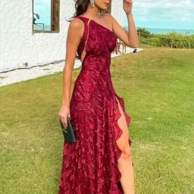 Sheath one shoulder lace long prom dress evening dress - Thumbnail 1