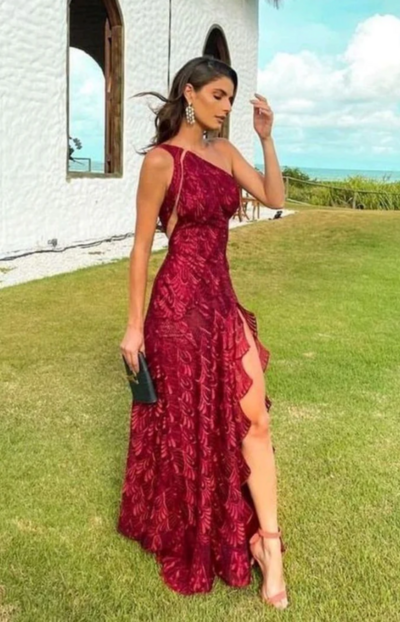 Sheath One Shoulder Lace Long Prom Dress Evening Dress