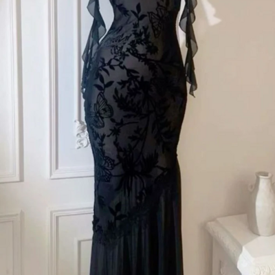 Chic spaghetti straps sheath black long evening dress - Thumbnail 1