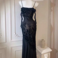 Chic Spaghetti Straps Sheath Black Long Evening Dress - Thumbnail 1